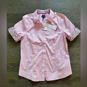 Talbots Perfect Shirt Elbow Length Stripes Floral Pink White No Iron NWT Size 6